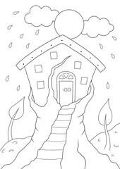 Wall Mural - easy coloring sheet for adults of a tree house. you can print it on standard A4 paper