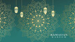 Islamic arabic green background with geometric pattern and beautiful ornament with lantern. Vector illustration.