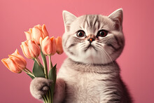 Cute Cat Holding A Bouquet Of Tulips On Pink Background. Generative Ai
