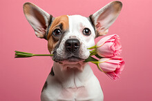 Cute Doggy Holding A Bouquet Of Tulips On Pink Background. Generative Ai