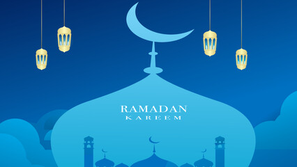 Ramadan Kareem. Islamic greeting card template with ramadan for wallpaper design on blue background. Contained arabic ornament and lamps.