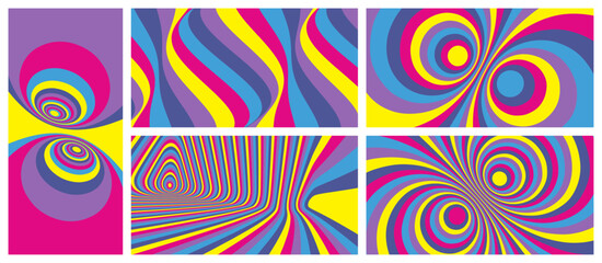 Wall Mural - Abstract background made of many colored lines. Wavy pattern with optical illusion. Psychedelic stripes. Op art design. Vector illustration for brochure, flyer, card, banner or cover.