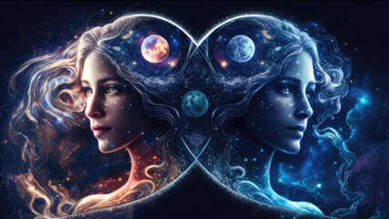 gemini twin beautiful woman zodiac sign against space nebula background. astrology calendar. esoteri
