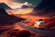 Vintage Camper Van Parked On A Winding Mountain Road, Surrounded By Breathtaking Views Of The Rugged Terrain. Spontaneity Of Life On The Road, Explore The World. Generative AI