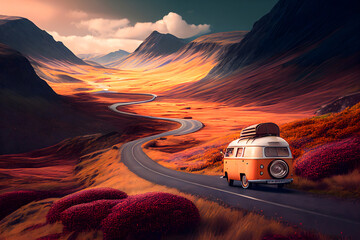 vintage camper van parked on a winding mountain road, surrounded by breathtaking views of the rugged terrain. spontaneity of life on the road, explore the world. Generative AI