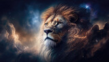 Fototapeta Dziecięca - Leo lion king head zodiac sign against space nebula background. Astrology calendar. Esoteric horoscope and fortune telling concept. Created with Generative AI