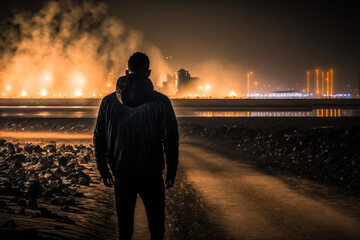 Wall Mural - back view of a boy with hood walks alone at night, depression, sad lonely mood, generative ai