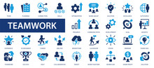 Teamwork Icons Set. Business People, Idea, Presentation, Goal, Reward And Others. Business Teamwork, Human Resources. Flat Icons Collection.