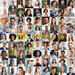 Sticker - Multiethnic beautiful people smiling and gesturing on various backgrounds, collage