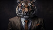 Portrait of a tiger in business suit on isolated background, new modern style screensaver. Generative AI