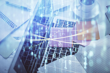 Fototapete - Double exposure of data hologram sketch over study table background with computer. Concept of Ai. Top view.