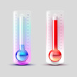 Icon set of glass transparent thermometer measuring cold and hot air temperature, summer and winter seasons, grey background