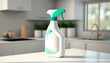 bottle detergent sprayer for cleaning the house on the background of the kitchen .Ai generated