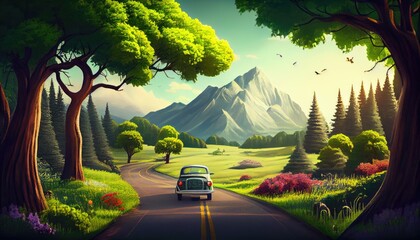 Driving a car on the road with mountains view and green nature it's beautiful place. generative Ai 