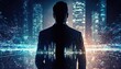 businessman looking for successful business in the future. The double exposure image cityscape and graph. Generative AI