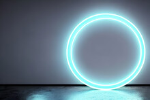 Standing Bright White Circle Neon Light Background And Backdrop And Some Negative Space.
