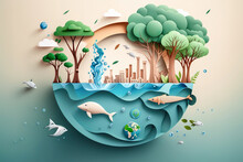 Paper Art , Ecology And World Water Day , Saving Water And World Environment Day, Environmental Protection And Save Earth Water , Generate Ai