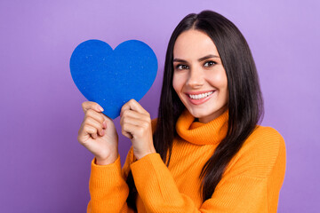 Sticker - Portrait of charming lady brunette hair hold blue paper postcard creative valentine day present for march holiday isolated on violet color background