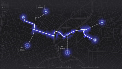 Wall Mural - Location tracks dashboard. City street road.city streets and blocks, route distance data, path turns and destination tag or mark. Huge city top view.