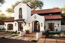 Modern Elegant Spanish style House Hacienda with  lawn. Generative AI