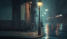  A Bike Parked On The Side Of A Street Next To A Lamp Post.  Generative Ai