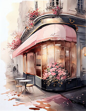 Old Little Shop In Paris, Street Watercolor, Painting, Bistro Cafe, Bakery Boulangerie - Generative AI