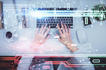 Fototapete - Double exposure of woman hands working on computer and data theme hologram drawing. Top View. Technology concept.