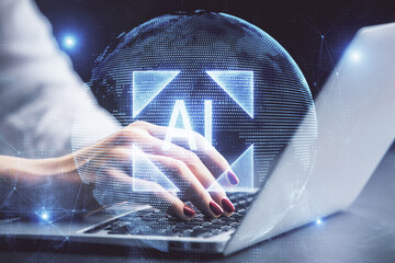 Fototapete - Multi exposure of woman hands working on computer and data theme hologram drawing. Tech concept.