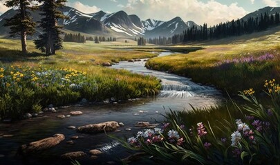   a painting of a stream running through a meadow with mountains in the background.  generative ai
