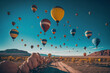 © ShadowHero - Colorful hot air balloons flying in bright blue. Travel and air transportation concept. Generative AI