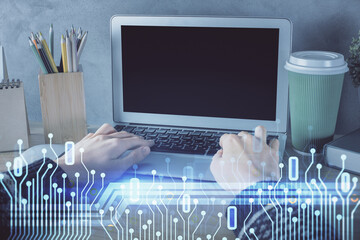 Fototapete - Double exposure of woman hands working on computer and data theme hologram drawing. Tech concept.
