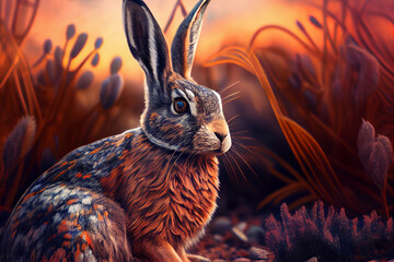Wall Mural - Beautiful photo hare, natural background. Generative AI technology.
