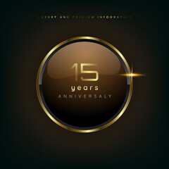 15 years gold button shiny metallic, celebration premium buttons and luxury banner on dark background use as luxury button vector illustration