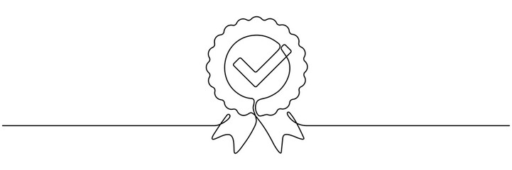 Wall Mural - Award badge continuous one line art drawing. Approval check ribbon contour line sign. Vector illustration isolated on white.