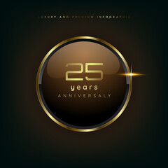 25 years gold button shiny metallic, celebration premium buttons and luxury banner on dark background use as luxury button vector illustration