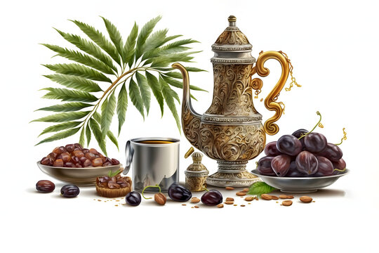Arabic date fruit, coffee pot, and rosary beads, figs, palm isolated on white background, festive still life with oriental ramadan lantern and iftar food concept