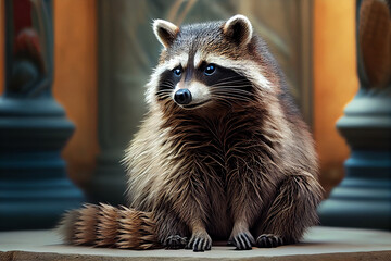 Wall Mural - Beautiful photo raccoon, natural background. Generative AI technology