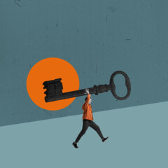 creative design in retro style. contemporary art collage. serious man confidently carrying giant key