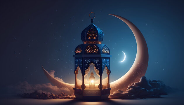 lanterns stands in the desert at night sky, lantern islamic mosque, crescent moon ramadan kareem the