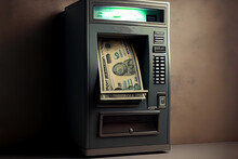 Atm Machine, Money Cash And Credit Cards. Withdrawing Dollar. Generative Ai