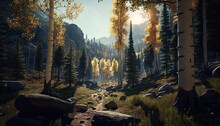 Landscape Of Spring Forest In Backlight. Morning Rays Of Sun In Frame At Dawn In Picturesque Forest. Natural Nature. Panoramic Sunny Forest In Autumn. Generative Ai