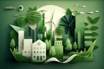 Generative AI illustration of a green leaf image in the paper art style with trees, city building silhouettes, windmills, and solar panels. The preservation of ecology. A green energy idea.