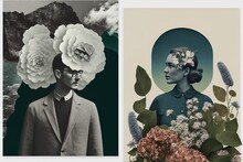 Rustic Vintage Love Portrait, Flowers Symbol Of Love And Tenderness. Old Fashioned Creative Abstract Concept, Retro People Posing For Photo. Generative AI.