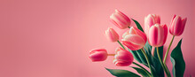Spring Tulip Flowers On Pink Background Top View In Flat Lay Style. Greeting For Womens Or Mothers Day Or Spring Sale Banner. Generative Ai.