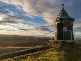 Poster - Medieval Koenigstein Fortress, located on a rocky hill above the Elbe River in Saxon Switzerland, cannon on the defensive walls, Koenigstein, Germany