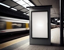 Mock Up Poster Media Template Ads Display In NYC Train Subway Station With Moving Train On Background. Mock Up. Banner Billboard Mockup For Advertising In City Useful For Design  And Ma. Generative AI