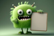 Cute Cartoon Green Monster Character Holding A Blank Sign With Space For Copy (Created With Generative AI)
