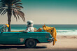 © Art Gallery - Astronaut in vintage convertible on the beach, art generated ai