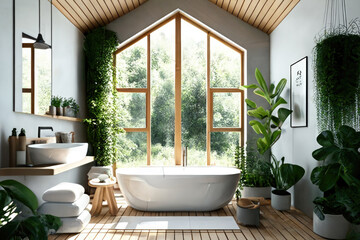 Elegant attic bathroom with bathtub. Generative AI.