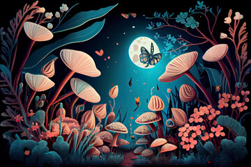 Wall Mural - fantastic wonderland landscape with mushrooms, lilies flowers, morpho butterflies and moon